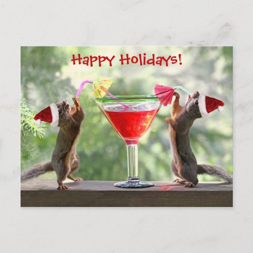 Santa Squirrels Drinking a Cocktail Holiday Postcard