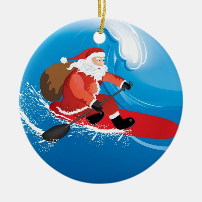 Santa Stand Up Paddle Ceramic Ornament (Front)