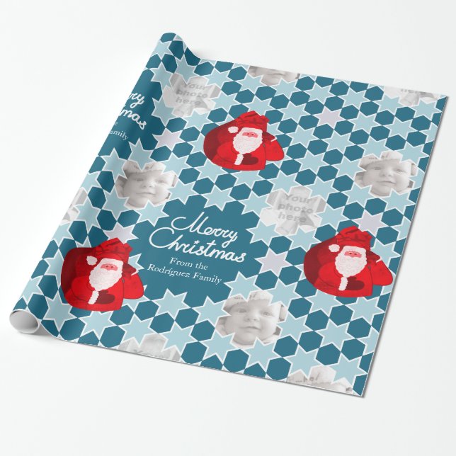 Santa Star pattern red blue Christmas family photo Wrapping Paper (Unrolled)