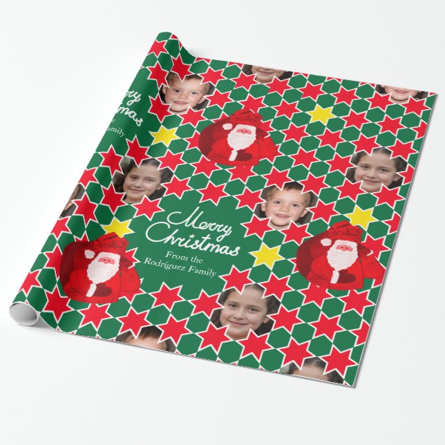 Santa Star pattern red grey Christmas family photo Wrapping Paper (Unrolled)