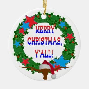 Santa Steer - Merry Christmas Y'all Ceramic Ornament