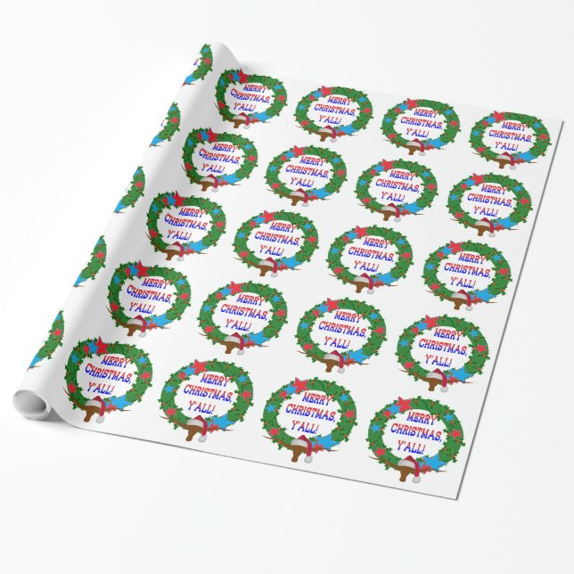 Santa Steer - Merry Christmas Y'all Wrapping Paper (Unrolled)