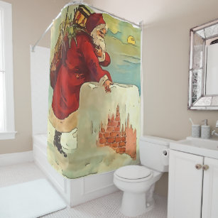 Santa Stepping Into A Rooftop Chimney  Shower Curtain