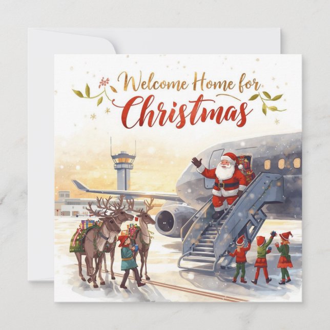 Santa steps out of the airplane Christmas Aviation Holiday Card (Front)