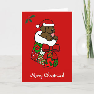 Santa Stocking Chocolate Lab Puppy Cartoon Holiday Card