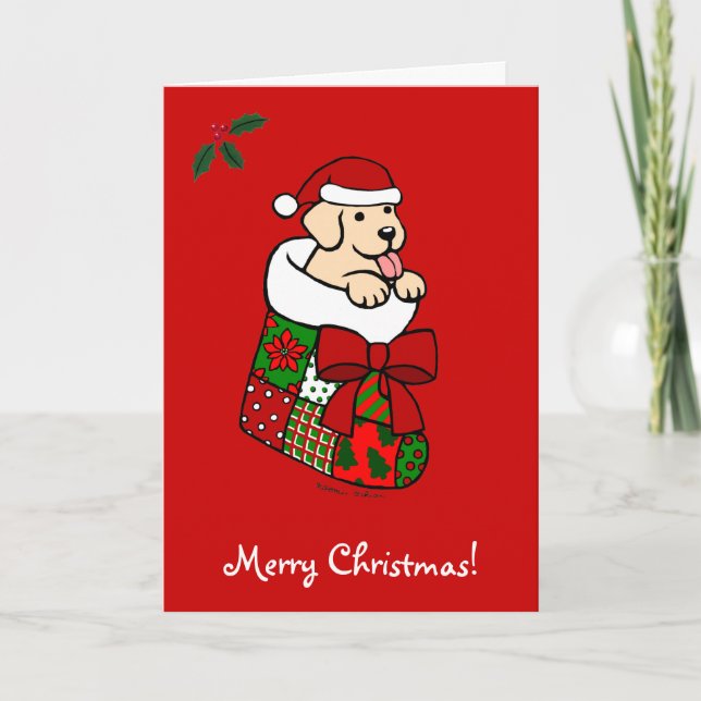 Santa Stocking Yellow Lab Puppy 2 Holiday Card (Front)