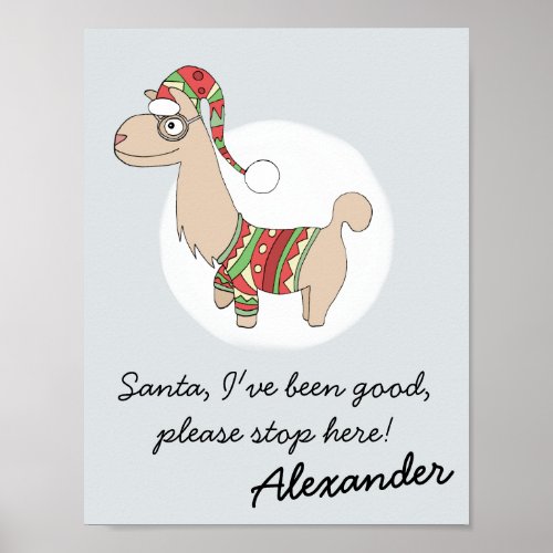 Santa Stop Here Christmas Festive Llama and Name Poster