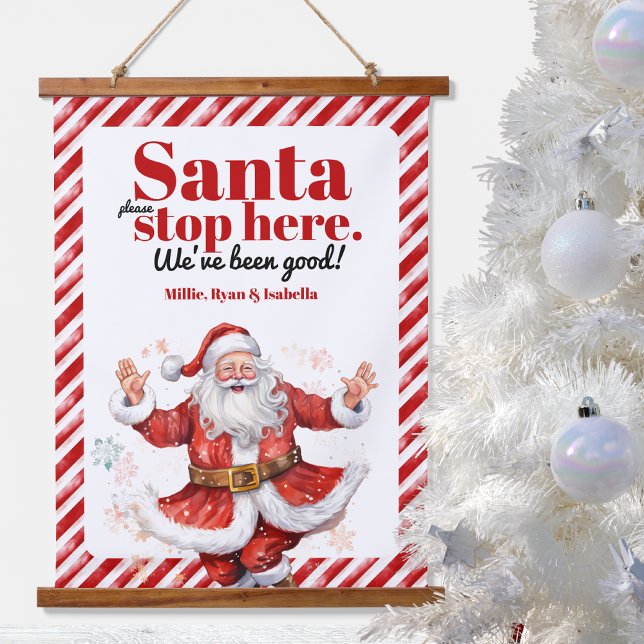 Santa Stop Here Modern Red White Stripe Christmas Hanging Tapestry (bold modern retro santa please stop here hanging wall tapestry art red white candy stripe watercolor)