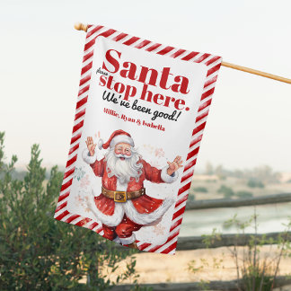 Santa Stop Here Modern Red White Stripe Christmas House Flag