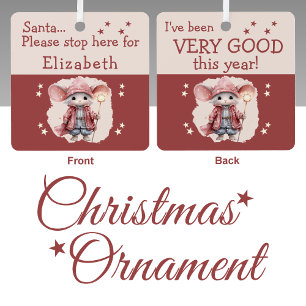 Santa stop here name cute mouse pink metal ornament