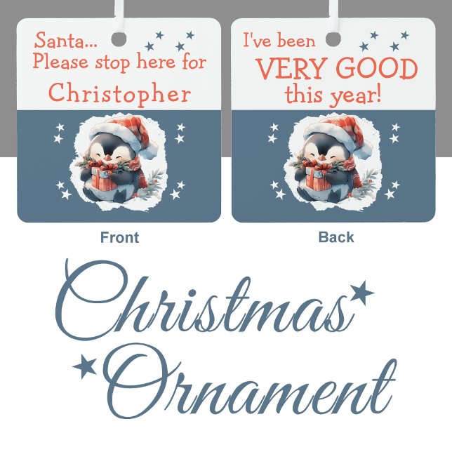 Santa stop here name cute penguin grey metal ornament (Creator Uploaded)