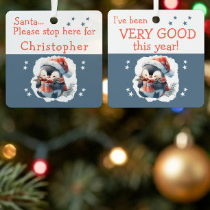Santa stop here name cute penguin grey metal ornament