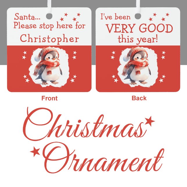 Santa stop here name cute penguin red metal ornament (Creator Uploaded)