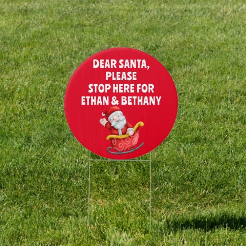 Santa Stop Here Names Red White Christmas Sign