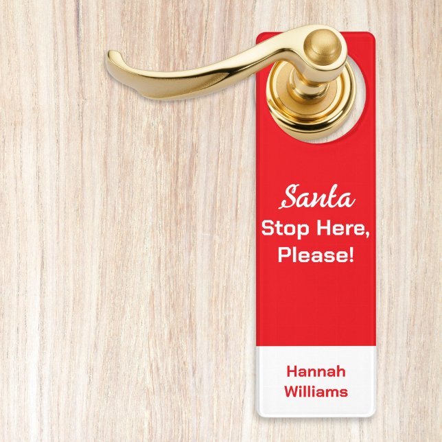 Santa Stop Here Please Do Not Disturb Reversible Door Hanger (An acrylic door hanger in festive red and white, with 'Santa Stop Here, Please!' caption)