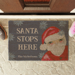 Santa Stops Here Whimsical Family Name Christmas Fiber Doormat
