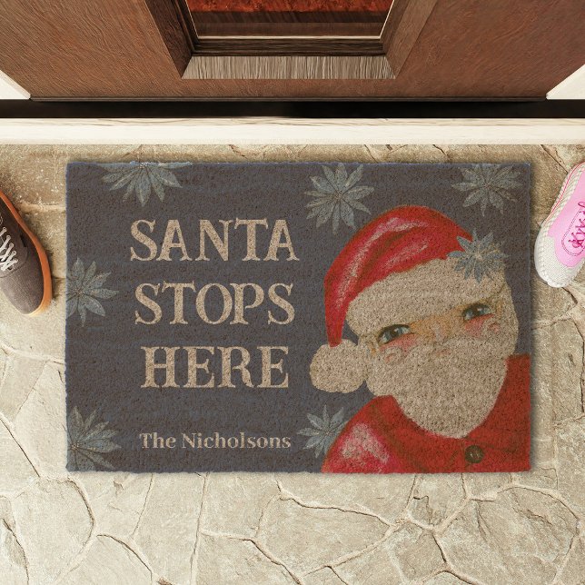 Santa Stops Here Whimsical Family Name Christmas Fiber Doormat (Creator Uploaded)