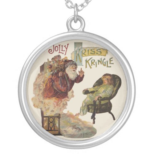 Santa Stories Kris Kringle Vintage Art Print Silver Plated Necklace