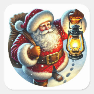 Santa Strolling Through Snow at Night Square Sticker