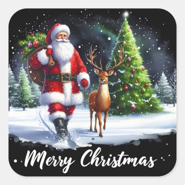 Santa Strolls With Reindeer in Decorations Square Sticker (Front)