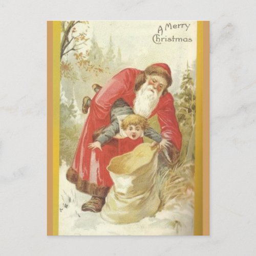 Santa Stuffing Naughty Boy in a Sack Holiday Postcard