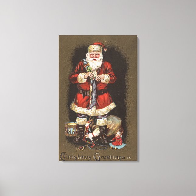 Santa Stuffing Stocking with Nutcracker Canvas Print (Front)