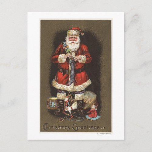 Santa Stuffing Stocking with Nutcracker Holiday Postcard