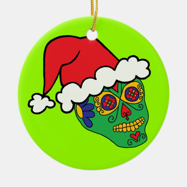 Santa Sugar Skull Ceramic Ornament (Front)