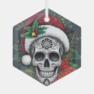 Santa Sugar Skull Glass Ornament
