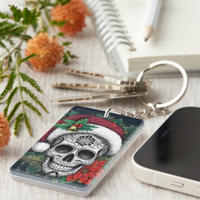 Santa Sugar Skull Keychain (Front Right)
