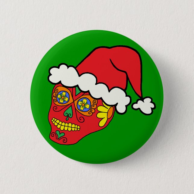 Santa Sugar Skull Pinback Button (Front)