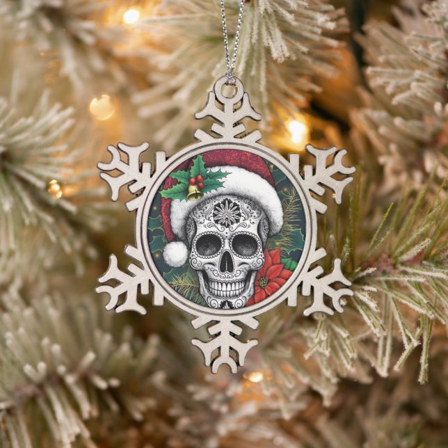 Santa Sugar Skull Snowflake Pewter Christmas Ornament (Tree)