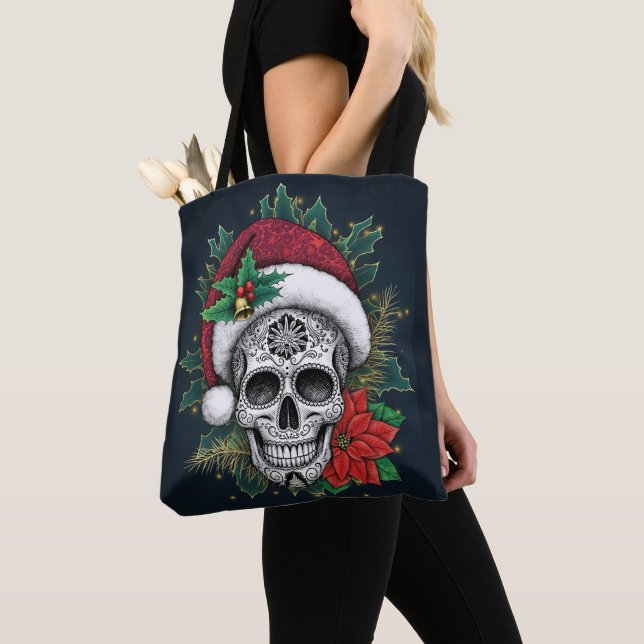 Santa Sugar Skull Tote Bag (Close Up)