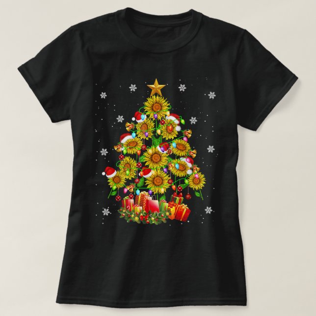 Santa Sunflower Christmas Tree Xmas Lights Santa S T-Shirt (Design Front)