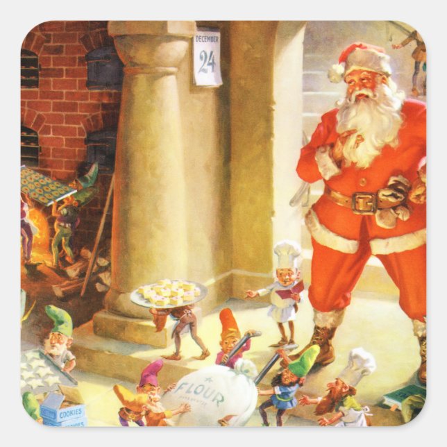 Santa Supervise Elves Baking Christmas Cookies Square Sticker (Front)
