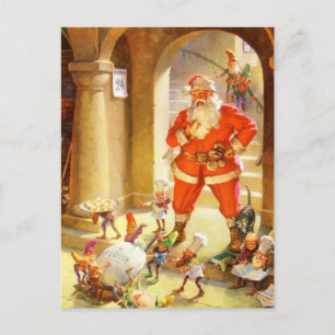 Santa Supervises Elves Baking Christmas Cookies Holiday Postcard