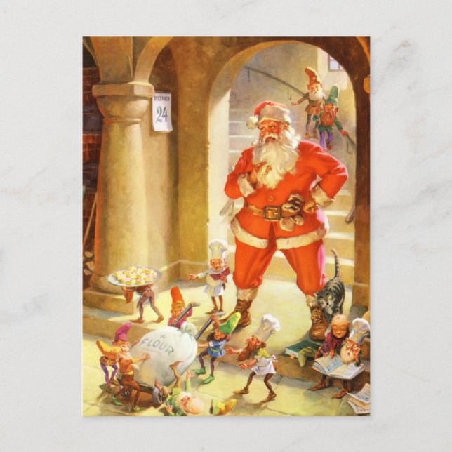 Santa Supervises Elves Baking Christmas Cookies Holiday Postcard (Front)