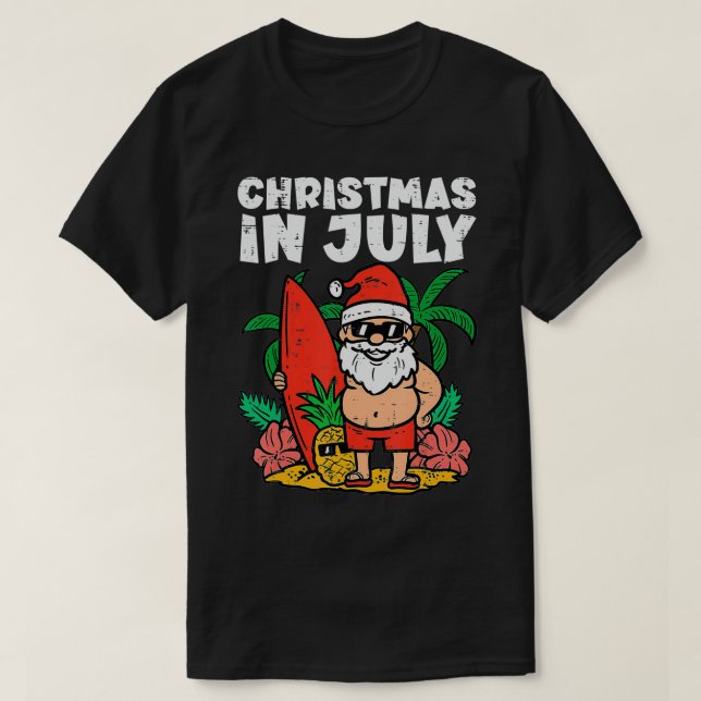Santa Surfer Beach Christmas In July Funny Summer  T-Shirt (Design Front)
