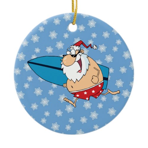 santa surfing ceramic ornament