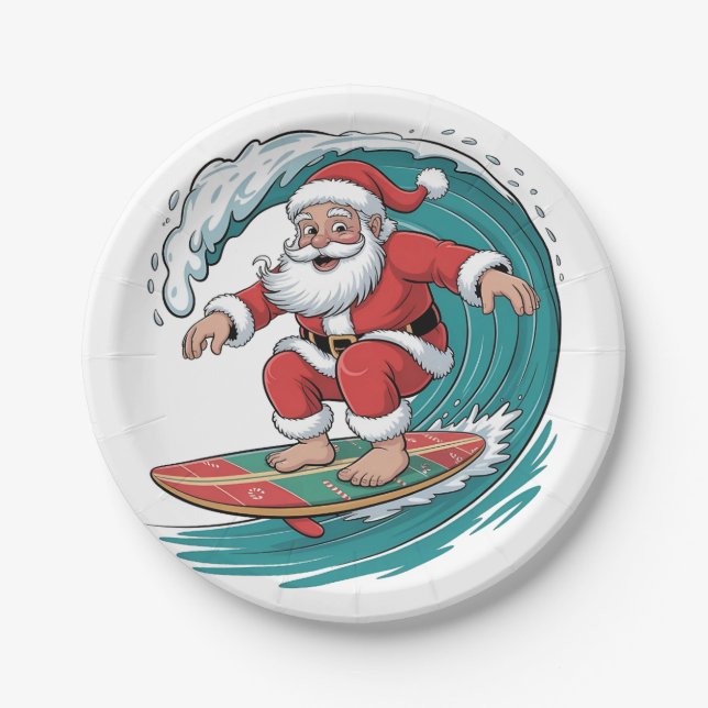 Santa Surfing Christmas Surf X-mas Festive Holiday Paper Plates (Front)