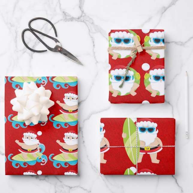 Santa surfing cool shades on red Christmas gift  Wrapping Paper Sheets (Front)