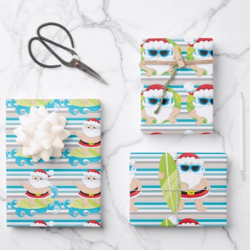 Santa surfing dude cool shades Christmas stripes  Wrapping Paper Sheets