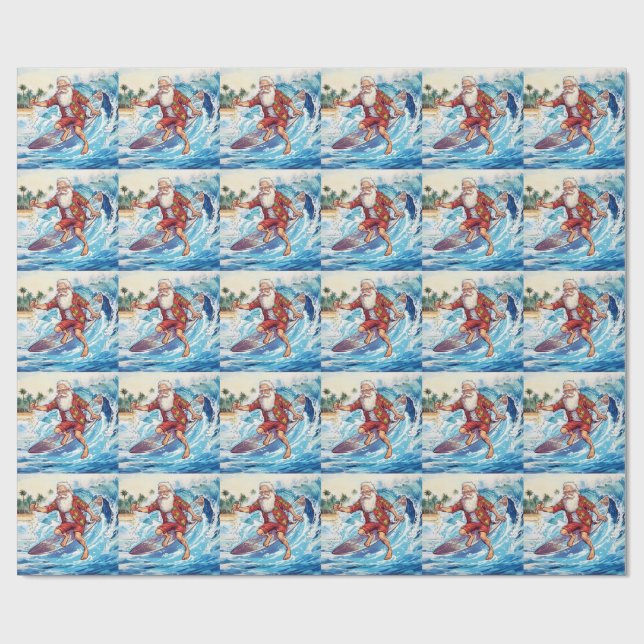 Santa surfing on big wave wrapping paper (Flat)