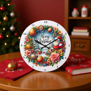 Santa Surrounded by a Floral Wreath Large Clock