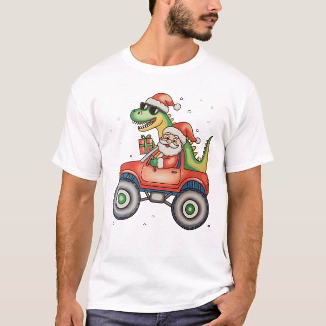 Santa T Rex Dinosaur Monster Truck Christmas Xmas T-Shirt (Front)