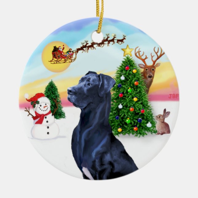Santa Takes Off - Blue Great Dane (natural ears) Ceramic Ornament (Front)