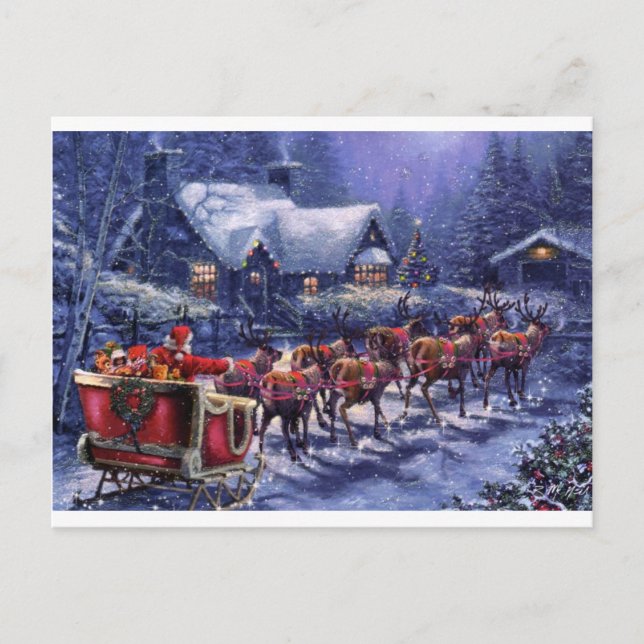 Santa Takes Off In His Sleigh Christmas Eve Holiday Postcard (Front)