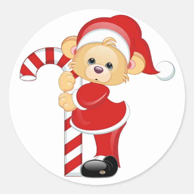 Santa Teddy Bear and Candycane Classic Round Sticker (Front)