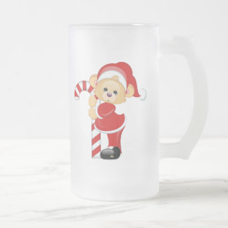 Santa Teddy Bear and Candycane Frosted Glass Beer Mug