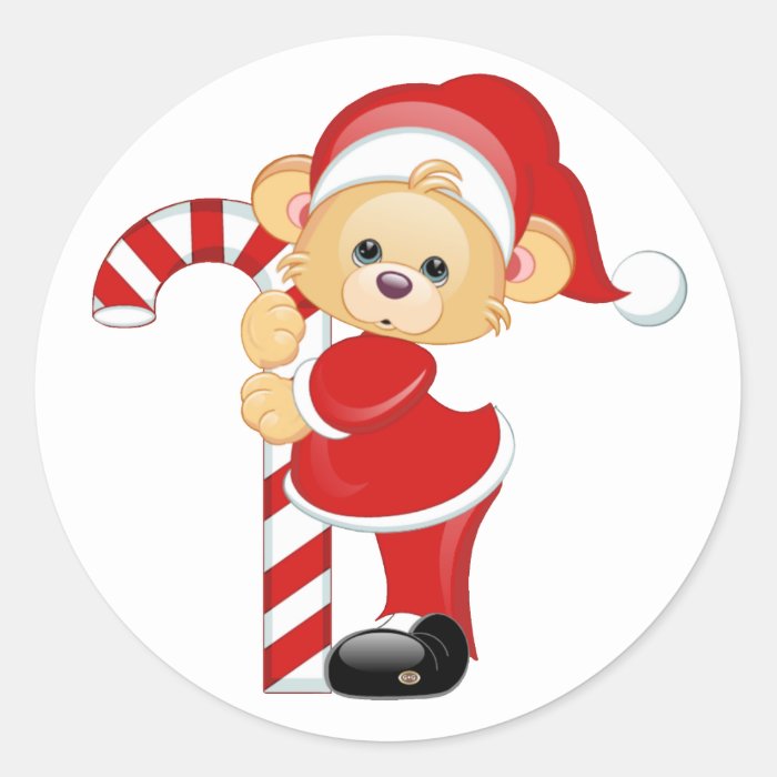 Santa Teddy Bear and Candycane Round Stickers